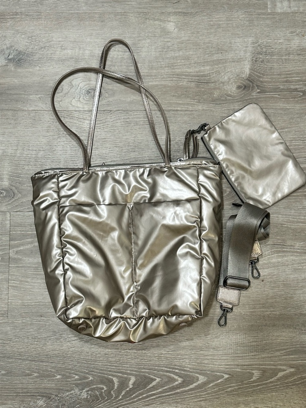 MZ Wallace Metallic Pewter Quilted Tote with Detachable Strap - Picture 4 of 8